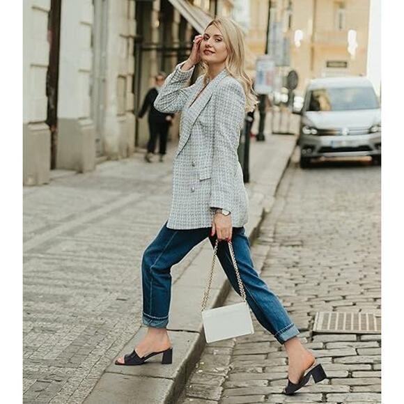 Pizz Annu Womens 8 Black Faux Leather Open Toe Slide On 2.5" Block Heel Shoes - Picture 5 of 6